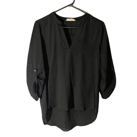 Pink Rose Black Cuffed Sleeve V-Neck Lightweight Blouse Women Sz M - Picture 1 of 6